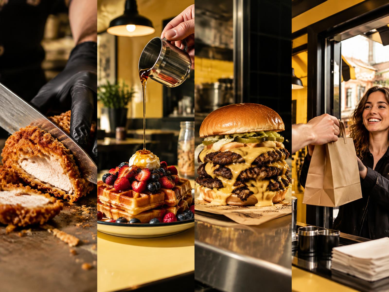 Crispy chicken, waffles, a burger and a takeaway handoff